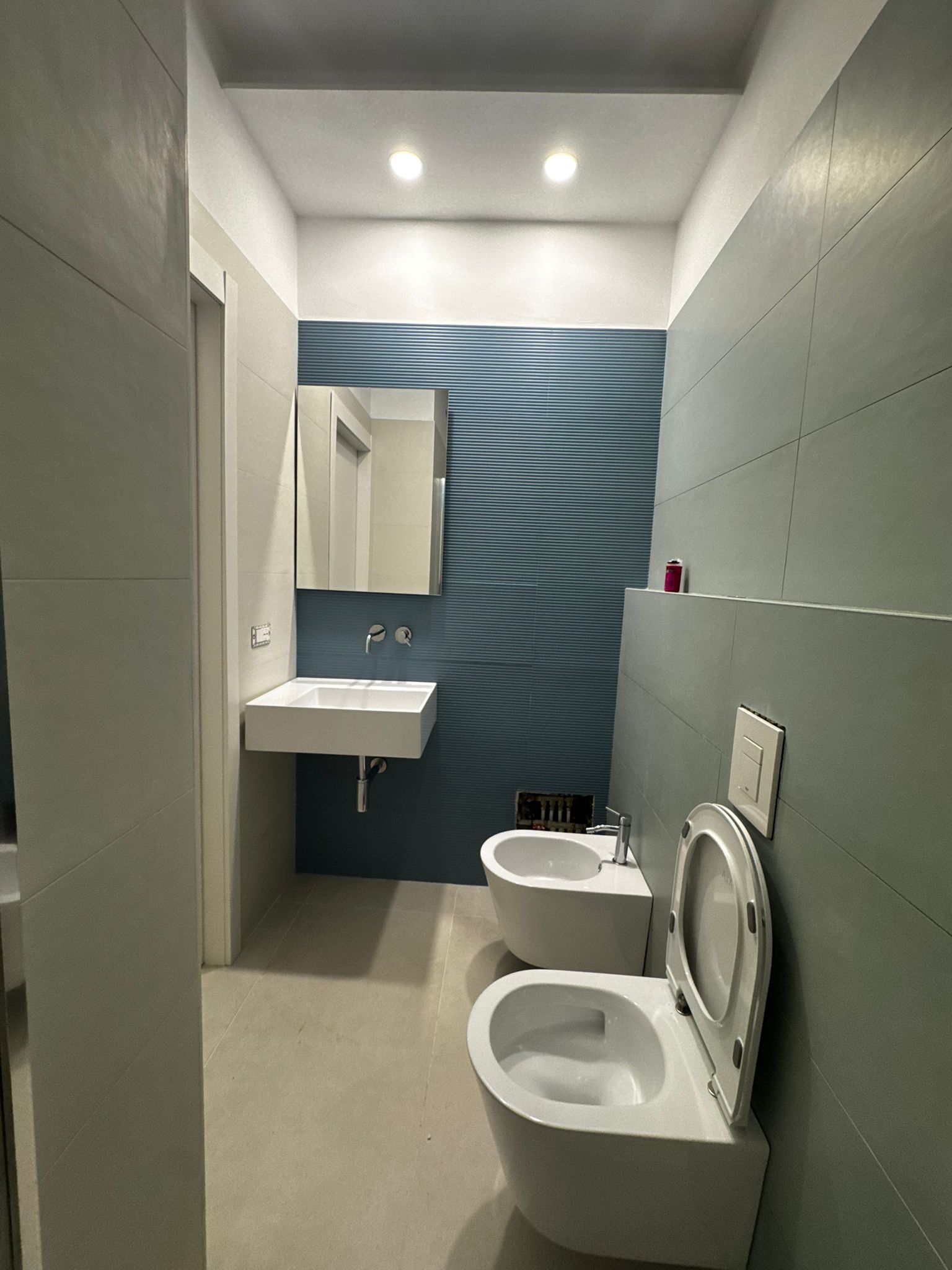 Private bathroom with blue wall tiles and sanitary fixtures